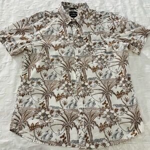 Prana Hawaiian Button Up Shirt Mens XL Tan Aloha Camp Slim Short Sleeve